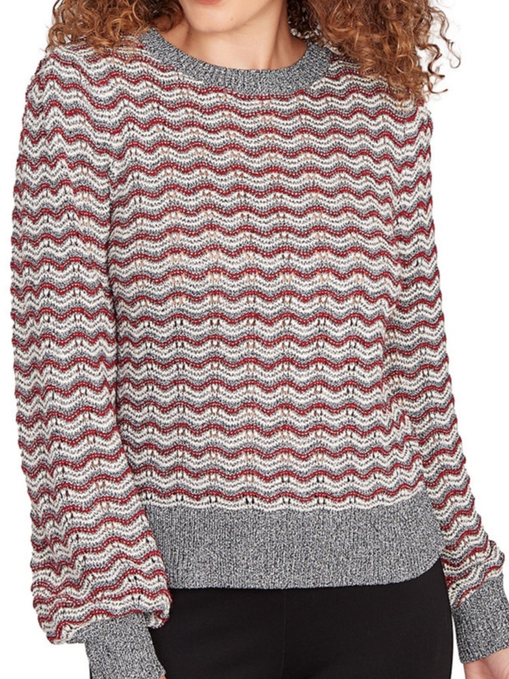 Skye's the Limit Red, Gray and White Wave Stripe Crew Sweater